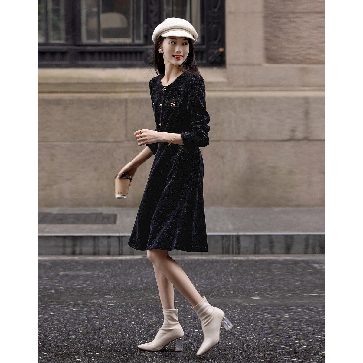 DME "New Year and Roses" Autumn/Winter Velvet Touch Shiny Silk Butterfly Bow Decorated Bubble Sleeve Waist-Enhancing Elegant Women's Dress