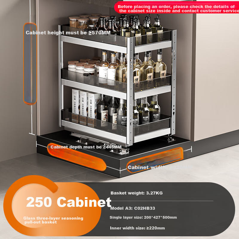 Cobbe Kitchen Spice Rack, Three-Tier Storage Drawer-Style Cabinet Undermount Shelf, Thickened Built-In Corner Pull-Out Spice Organizer