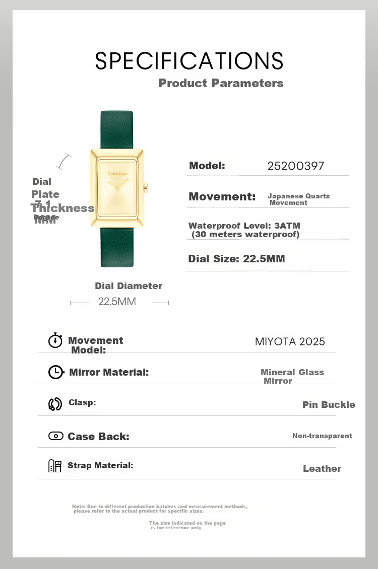 Calvin Klein CK Watch, Square Style, Retro Green Strap, Small Square Watch, Women's Wristwatch, Goddess Festival And New Year Gift, 25200397 1
