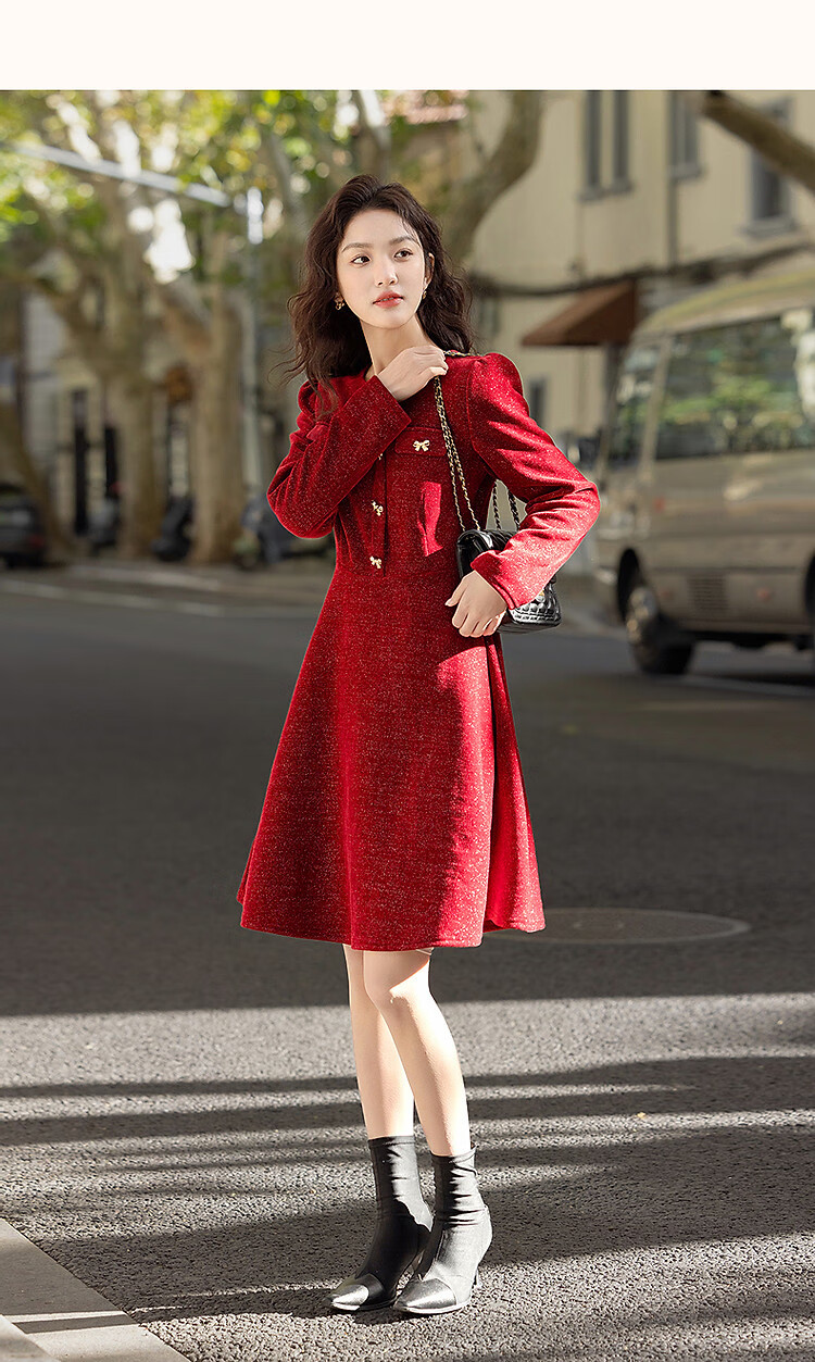 DME "New Year and Roses" Autumn/Winter Velvet Touch Shiny Silk Butterfly Bow Decorated Bubble Sleeve Waist-Enhancing Elegant Women's Dress 10