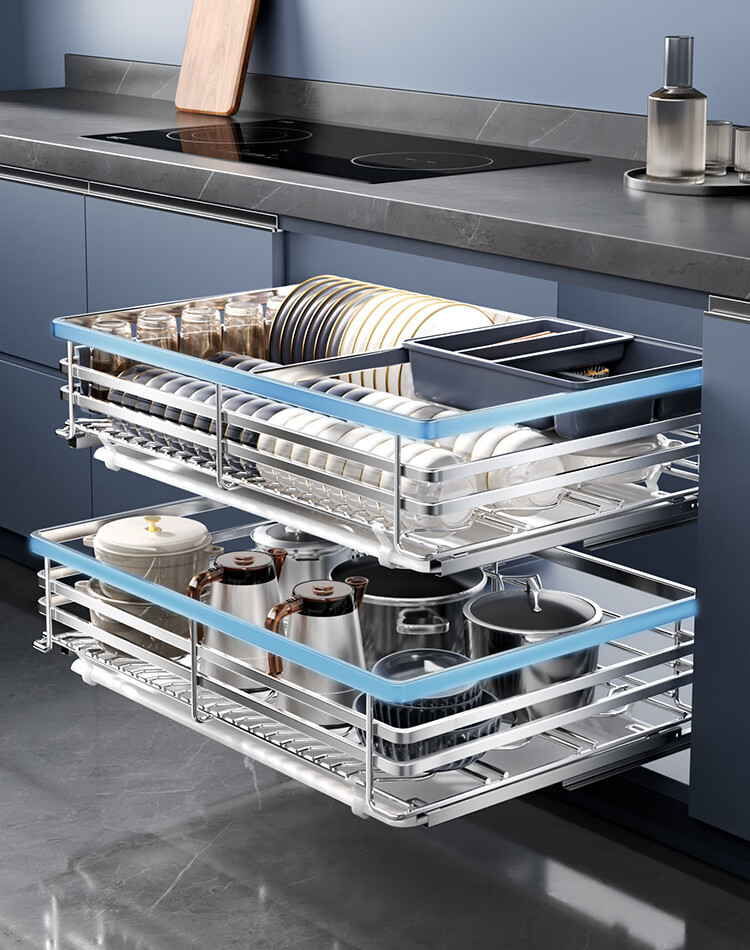 SUPOR Pull-Out Basket Kitchen Cabinet, 304 Stainless Steel Double-Layer Door Drawer-Style Bowl And Dish Pull-Out Rack Storage, Thickened Bowl Basket K 13