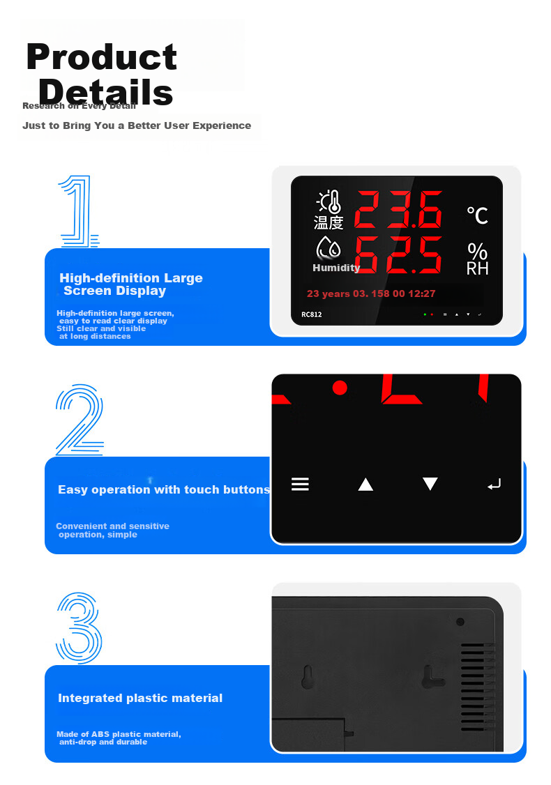 Rongce Industrial-Grade Temperature And Humidity Meter, Indoor Home Large-Screen Display Recorder, Embedded RC812 with Built-In Probe 12