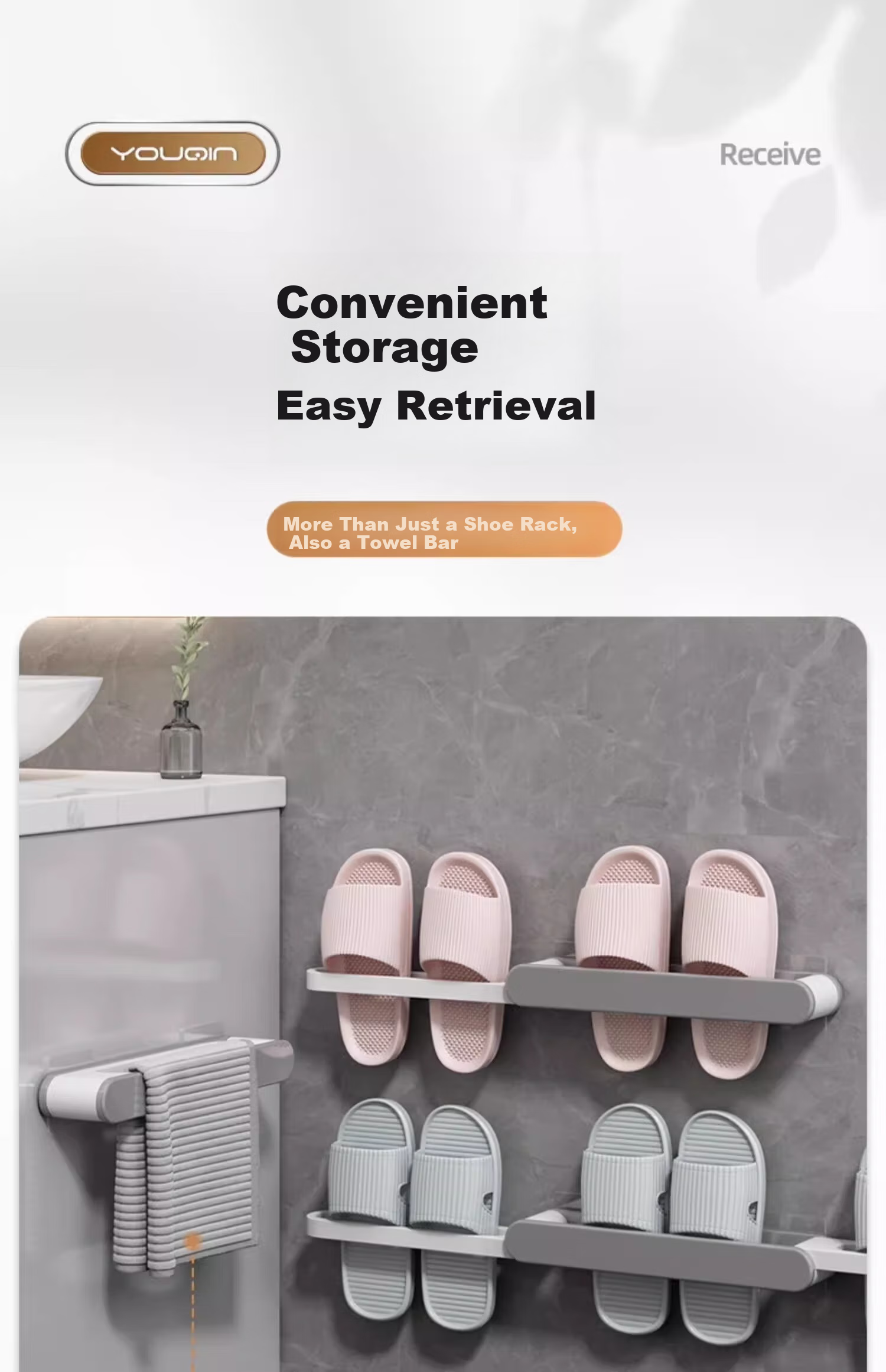 YOUQIN Bathroom Slipper Rack, No Drilling Required, Shoe Storage Organizer, Bathroom Storage Shelf, Door-Back Hanging Rack, Wall-Mounted Water-Draining Shoe Rack 4