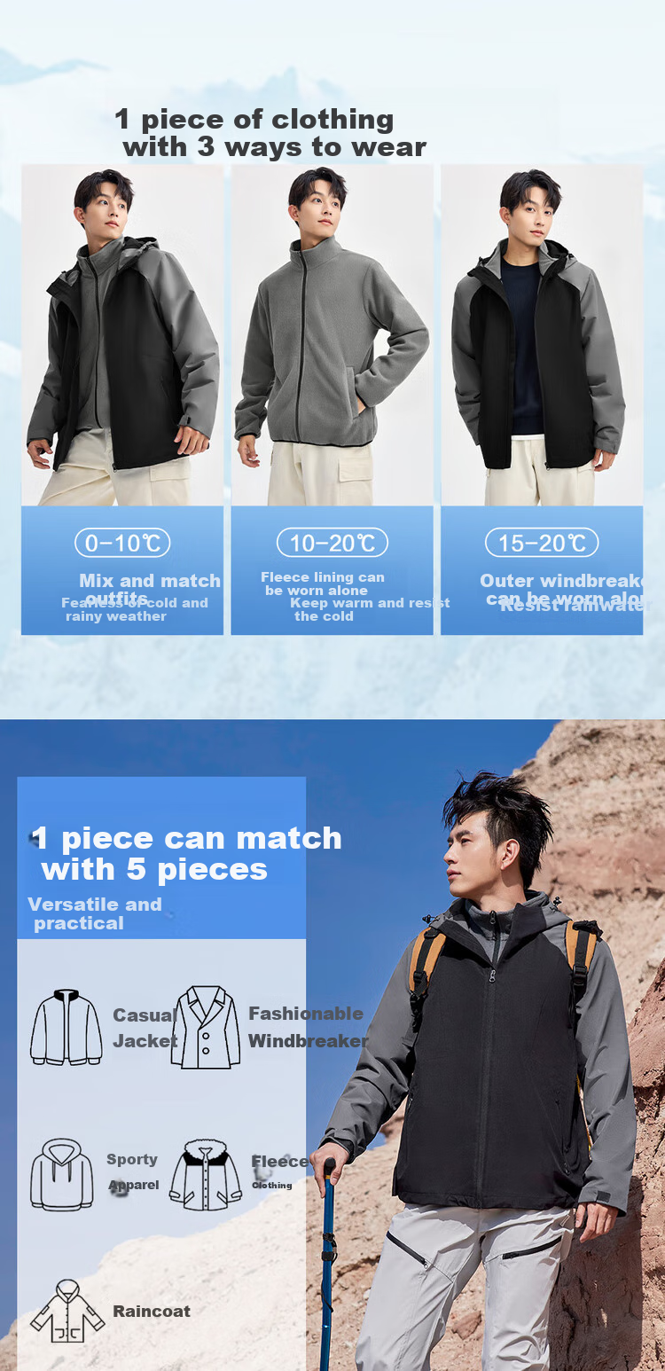 Giordano [Two-Piece Set] Three-In Jacket for Men, Outdoor Hooded Windproof Jacket with Fleece Inner Lining, 01074701 4