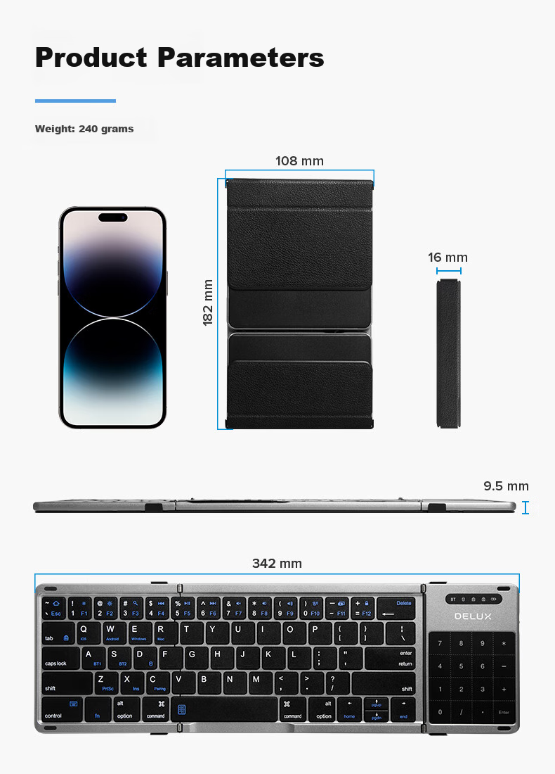 Delux KF18 Ultra-Thin Foldable Keyboard, Wireless Bluetooth Dual-Mode Keyboard for Laptops, Smartphones, IPad Tablets, Office Use, Quiet, Compact, Portable with Digital Touchpad Functio 6