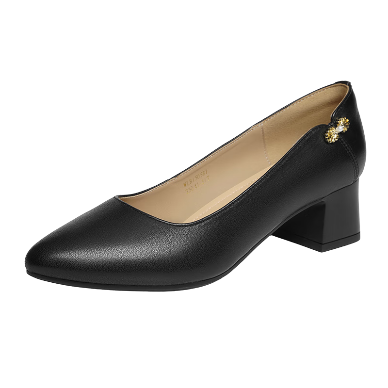 RED DRAGONFLY Shallow Pumps, Women's Spring Shoes, Chunky Heel High Heels, French Commuter Leather Shoes WLB15058, Black, Size 35