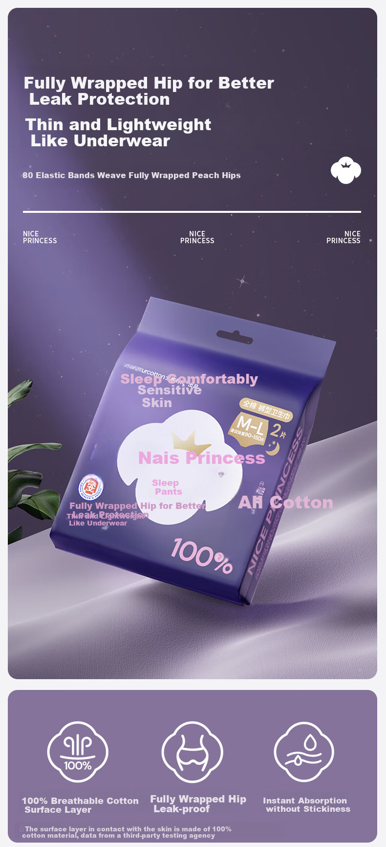 PurCotton [Recommended by Lu Yuxiao], Princess Comfort Pants, Sleep Pants, Panty-Style Sanitary Napkins, ML Size, 48 Pieces Per Box 2