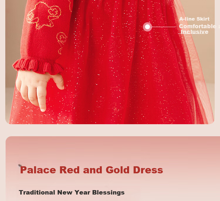 BALABALA Children's Clothing, Baby Dress, Kids' Dress Style, Autumn Wear, Baby Girl New Year Season Princess Dress, New Year's Greeting Outfit 7