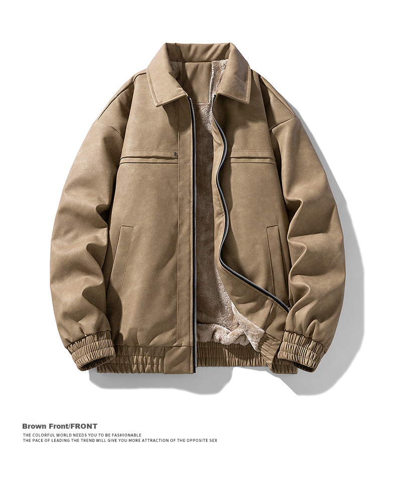 JEEP SPIRIT Jacket, Autumn And Winter New Style Men's Leather Coat, American Trendy Retro Fleece-Lined Thickened Outerwear, Brown, Size L 10