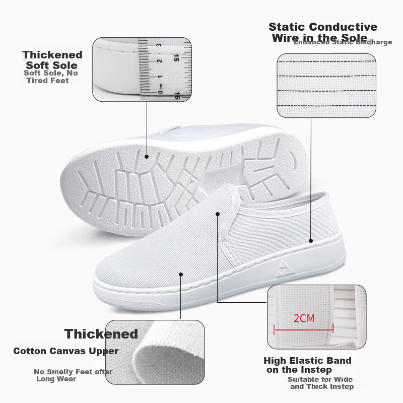 Mulang Anti-Static Mid-Top Shoes with Thick Soft Soles for Food Factory Clean Room, Unisex Dust-Proof Non-Slip Breathable Work Shoes, White Mid-Top Shoes, Size 37