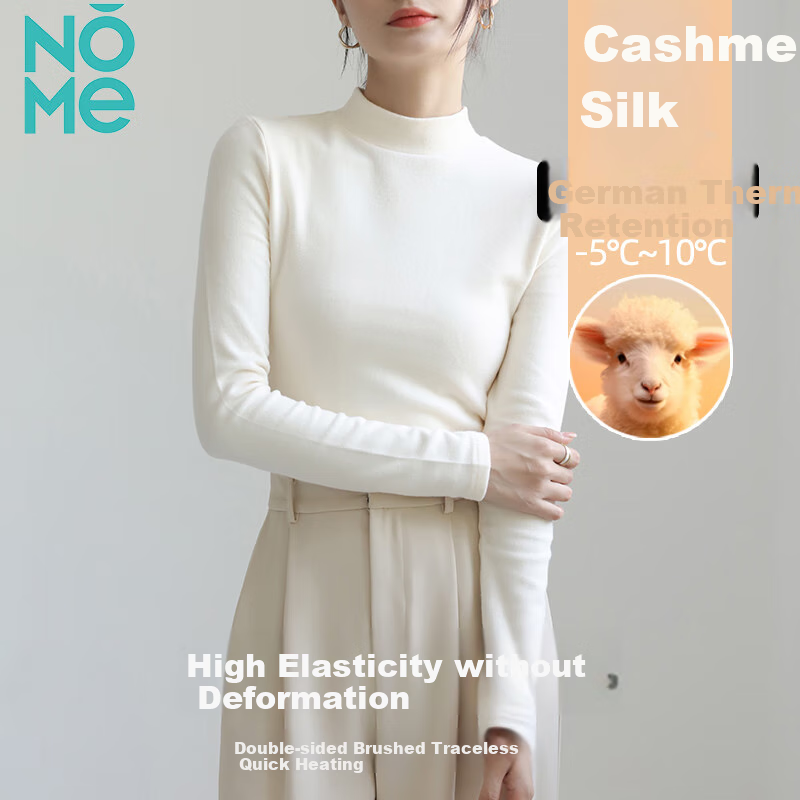 NOME Solid Color Semi-Turtleneck Top for Women, Wool Silk Fleece, Autumn And Winter New Style Inner Layer Base Shirt, White, Size S