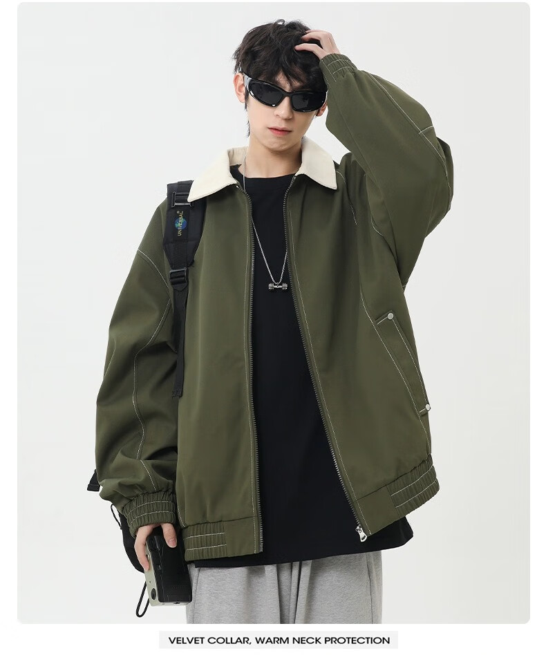 Wassup Sohot Men's Jacket, Spring And Autumn American Workwear Style Coat, Trendy Loose-Fit Lapel Outerwear for Men, Black, Size M 6
