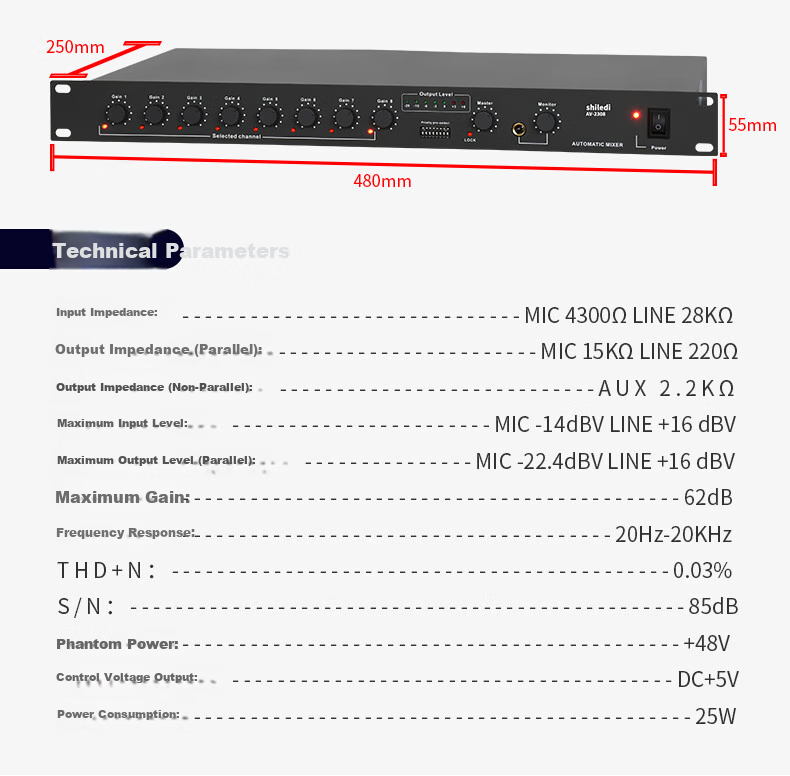 Shuledi AV-2306 Domestic Wired Microphone Mixer, Conference Microphone Expander, 48V Power Supply, Professional Audio Equipment (12 Channels) 16
