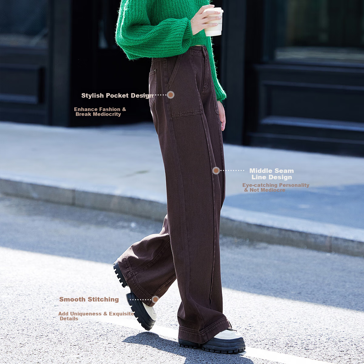 Dme [Straight-Leg Split-Line Large Pocket Decorative Pants], Autumn And Winter Thickened Single-Button Straight-Leg Fleece-Lined Jeans for Wome