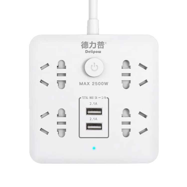 Delipow USB Smart Fast Charging, New National Standard Safe High Power, Dual USB + 4 Outlets, 3-Meter Cord Length, Power Strip, 2500W Overload Protection, Computer Desktop Socket