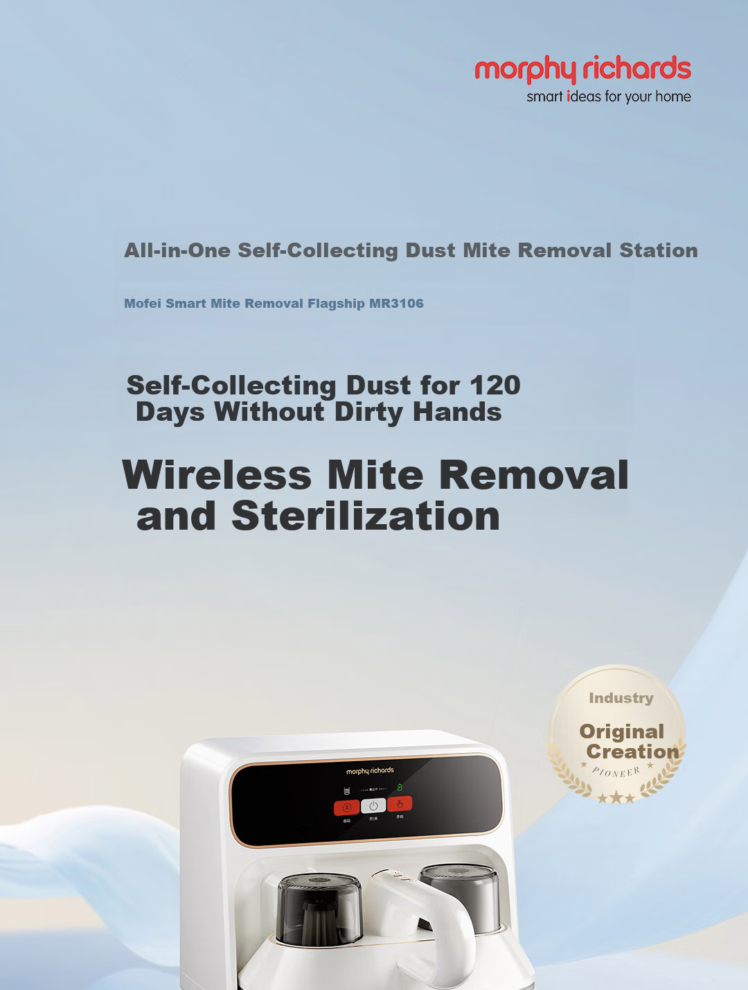 Morphyrichards Self-Cleaning Dust Mite Remover Wireless Bed Vacuum Cleaner, Intelligent Dust And Mite Removal Device with Strong Suction, Long Battery Life of 120 Days without Emptying, Automatic Rechargeable Mite Remover MR3106 1