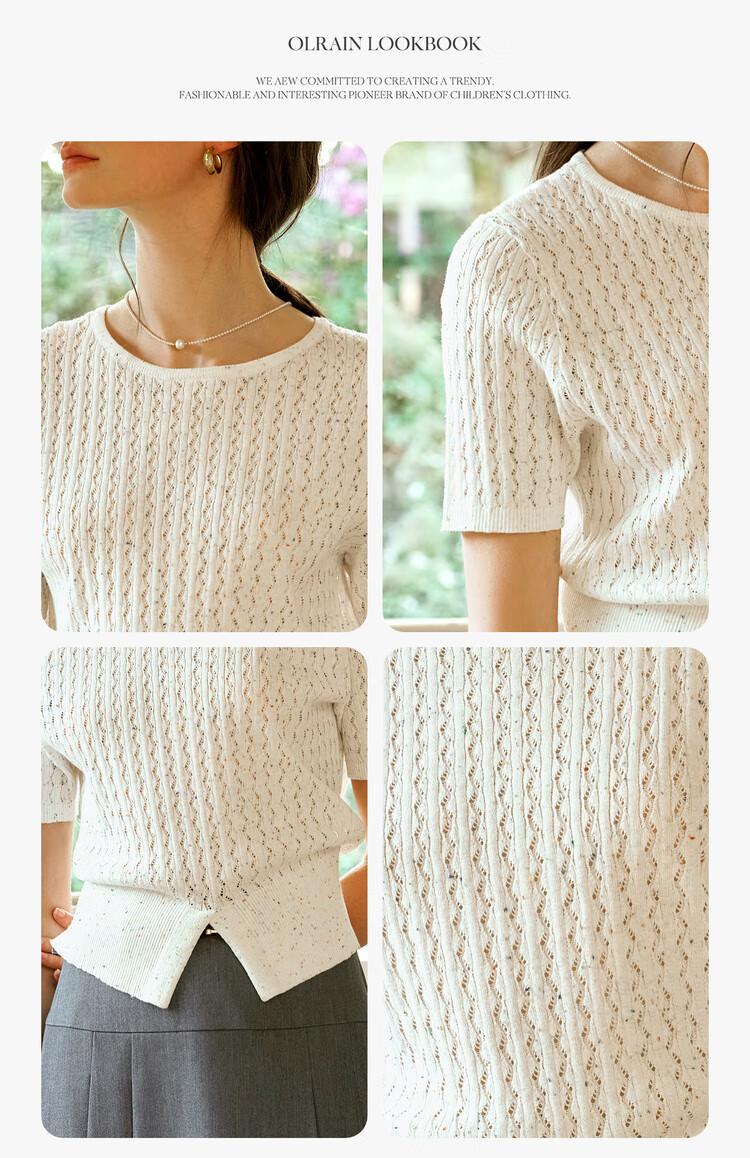 Olrain Eurielle French Style Short Sleeve Knit Top Summer Women's Colorful Split Round Neck Pullover White L 7