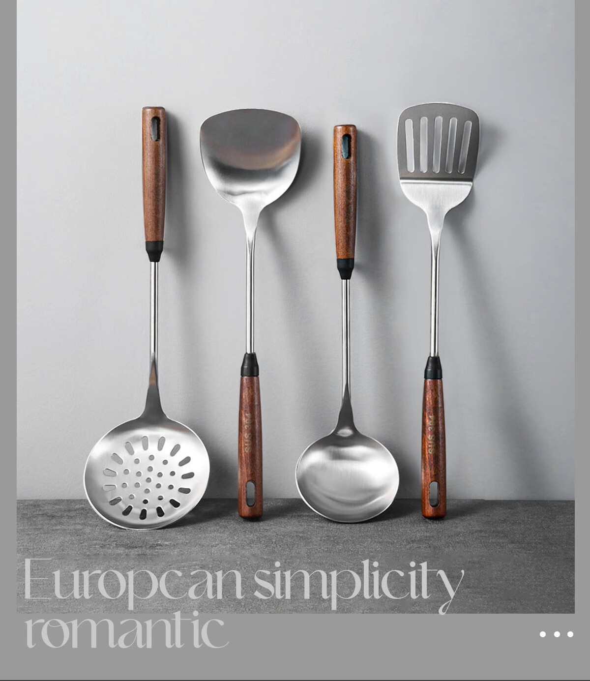 PAKCHOICE 304 Stainless Steel Kitchen Utensil Set with Walnut Color Long Handles, 6-Piece Cooking Spoon, Spatula, and Soup Ladle Set 3