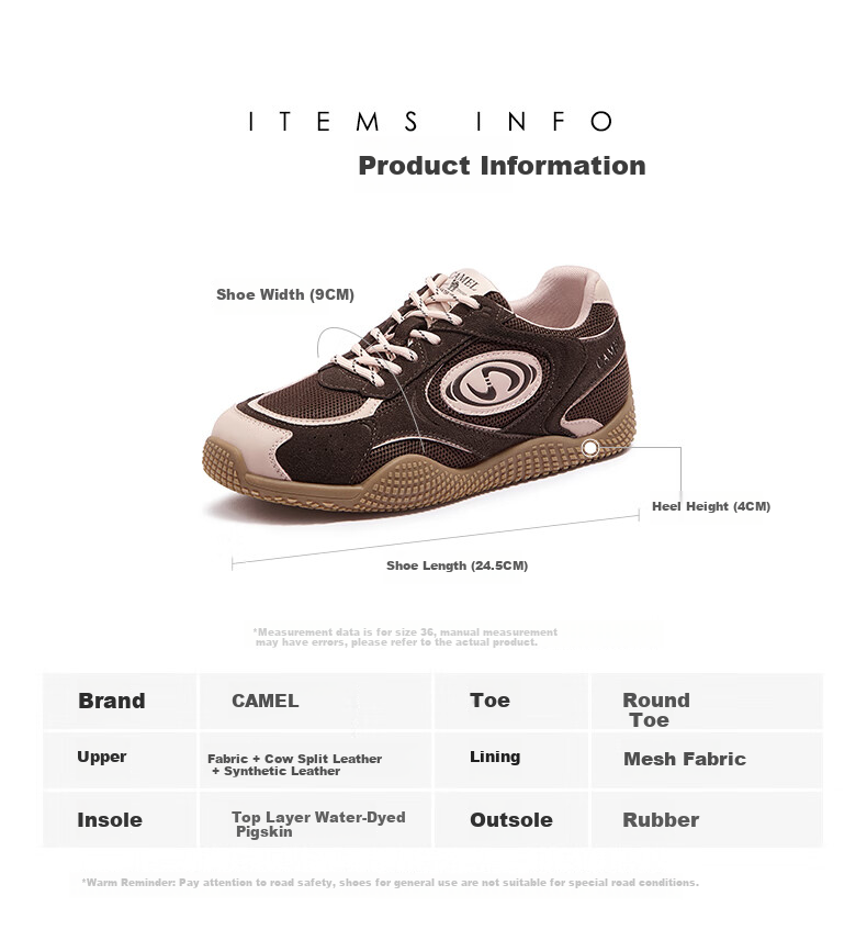 CAMEL Crescent Training Shoes for Women, Versatile Sports Sneakers, Mesh Upper, Retro Casual Shoes, L25S577059, Coffee/pink, Size 35 40
