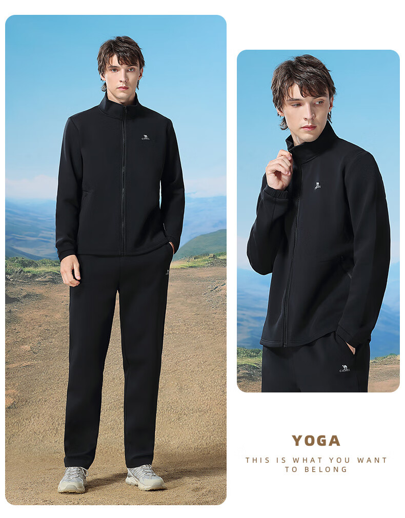 CAMEL Men's Casual Running Jacket with Stand Collar Long Sleeve Two-Piece Sports Set Y14CY0L2614 Phantom Black L 18