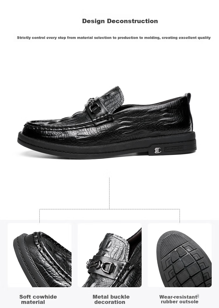 CARTELO Crocodile Pattern Men's Leather Shoes, Breathable Slip-On Loafers, Formal Dress Shoes for Men, 9597, Black, Size 38 3