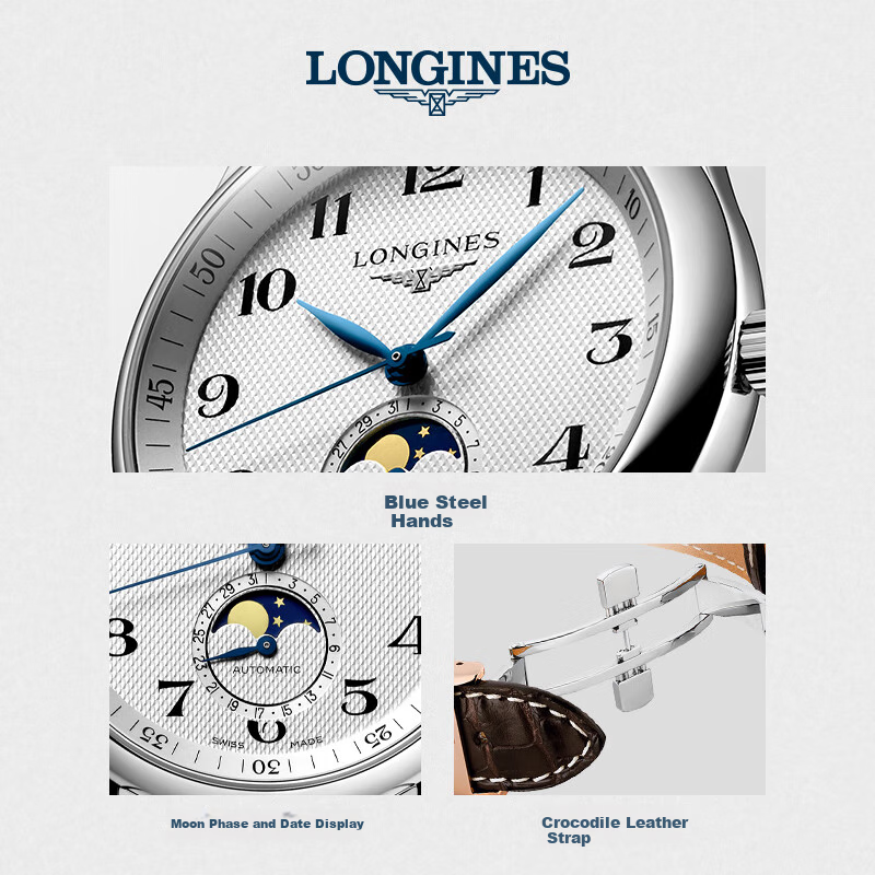 LONGINES Swiss Watch, Master Collection Moonphase Wristwatch, Men's Leather Strap Mechanical Watch L29094783