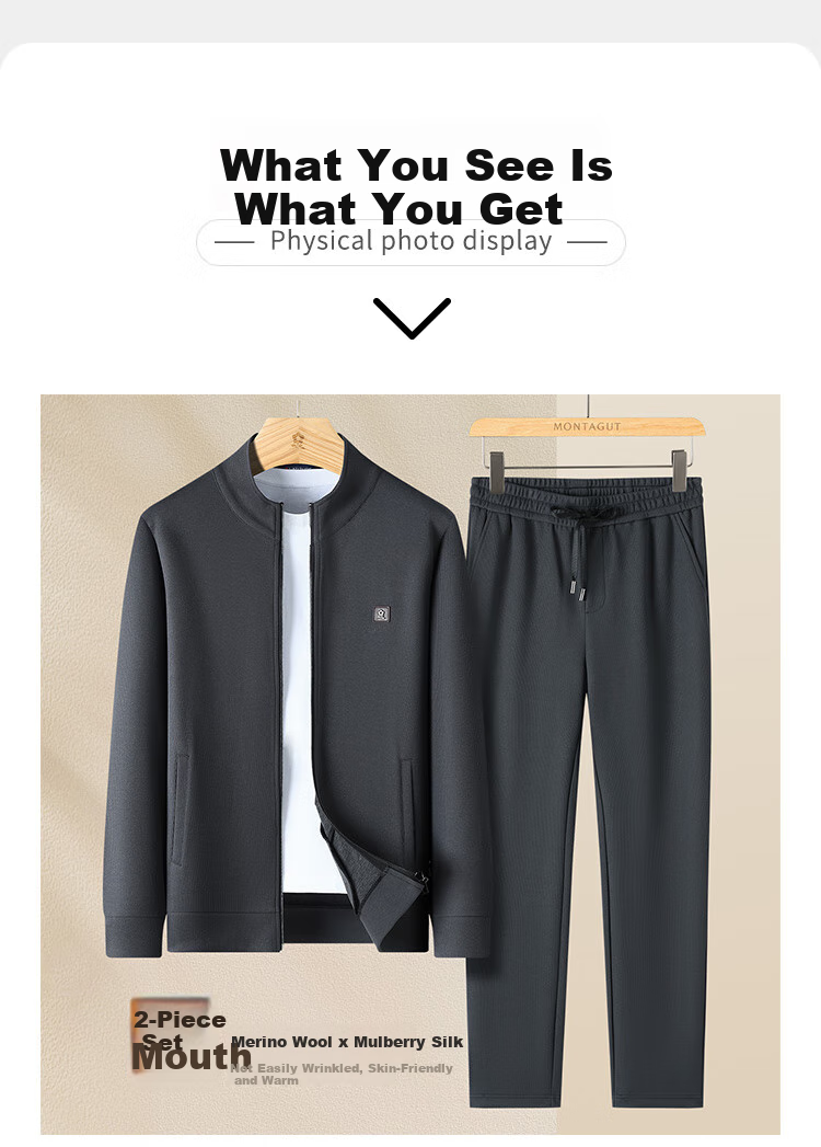 MONTAGUT Spring And Autumn Men's Stand-Collar Jacket with Mulberry Silk, Casual Sweatpants, Sporty Fashion Two-Piece Set, Black, Size 54 12
