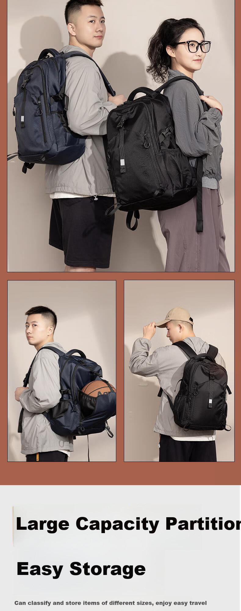 Deli Sports Reflective High School Basketball Backpack Large Capacity Backpack with Separate Basketball Compartment Shoulder Bag Navy Blue BB186 2