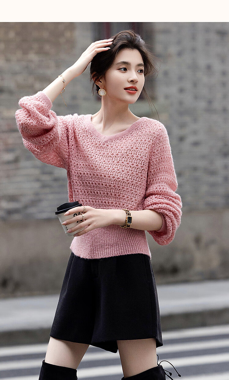 Dme [Containing Wool] Spring And Autumn Gentle V-Neck Hollow-Out Sweater, Body-Hugging, Girly Short Knit Top for Wome 13
