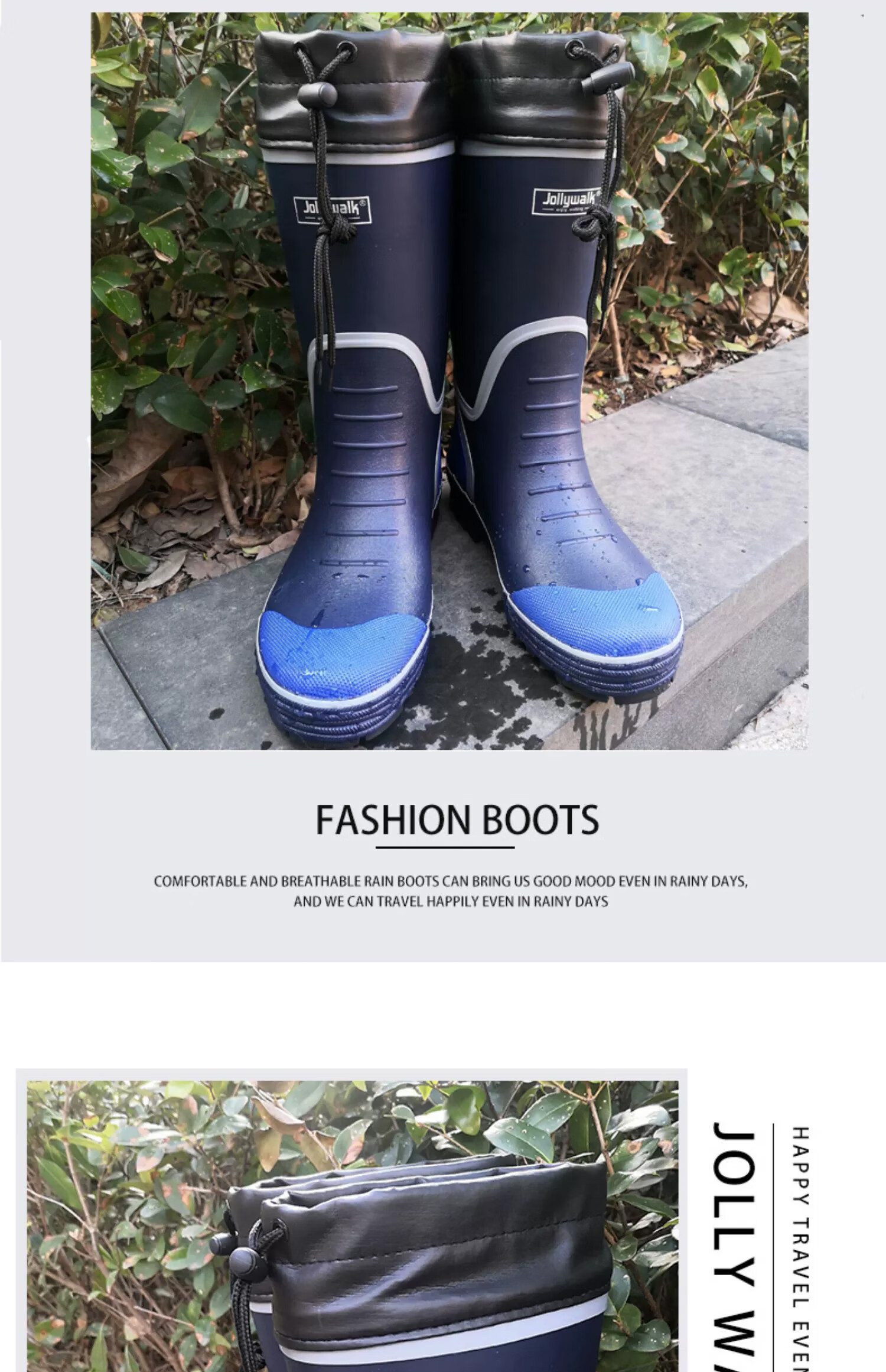 Jolly Walk Waterproof Rain Boots for Men, Stylish Non-Slip Tall Fishing Rubber Water Shoes JW327 Navy Blue White Size 39 9