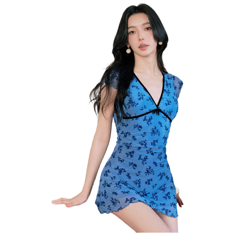 OMOM Floral Print Two-Piece Skirted Slimming Plus Size Swimwear Blue L