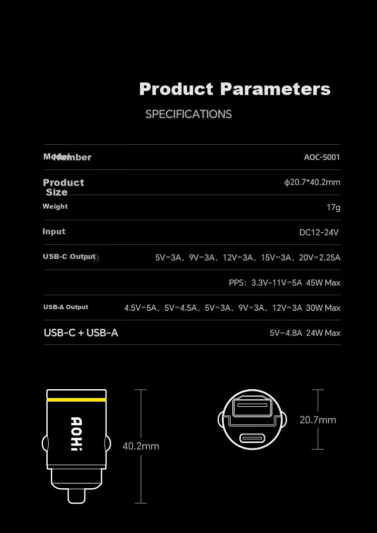 Aohi Car Charger, 45W Cigarette Lighter Adapter, Apple Fast Charging Head, Car Power Converter 12