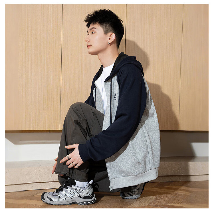 TonLion 2025 Spring Men's Hooded Jacket with Chest Print And Raglan Sleeves, Light Heather Gray, S 3