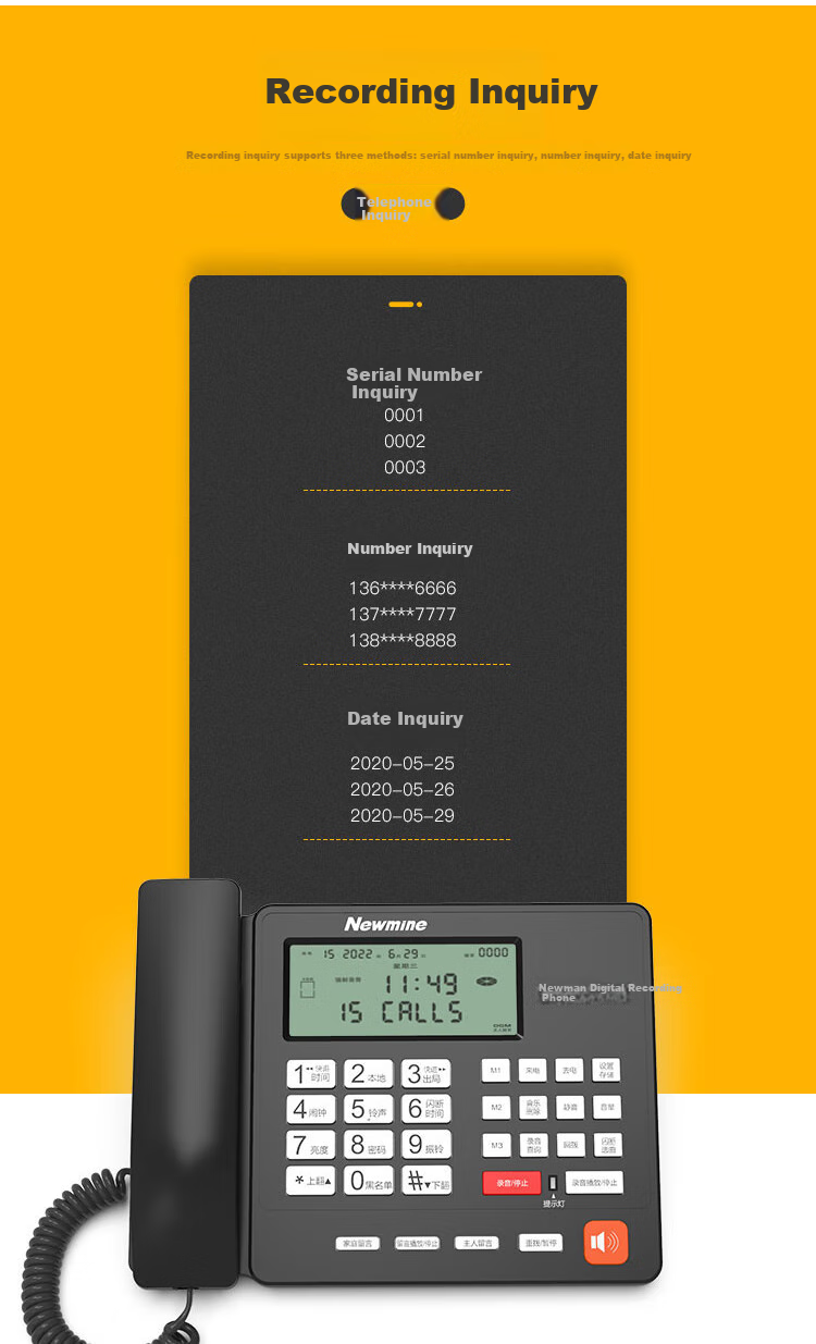 Newmine HL2008TSD-2084 (R) 16GB Long-Lasting Recording Telephone, Automatic Recording, Auto-Answer, One-Key Dialing 8