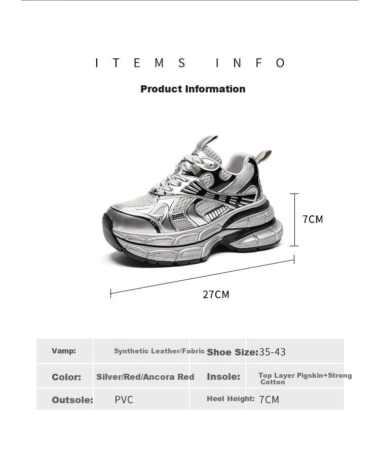 ZHR Silver Dad Shoes for Women, Trendy Sports Casual Couple Shoes, Thick-Soled Height-Increasing Women's Shoes, JT67 Silver, Size 38 8