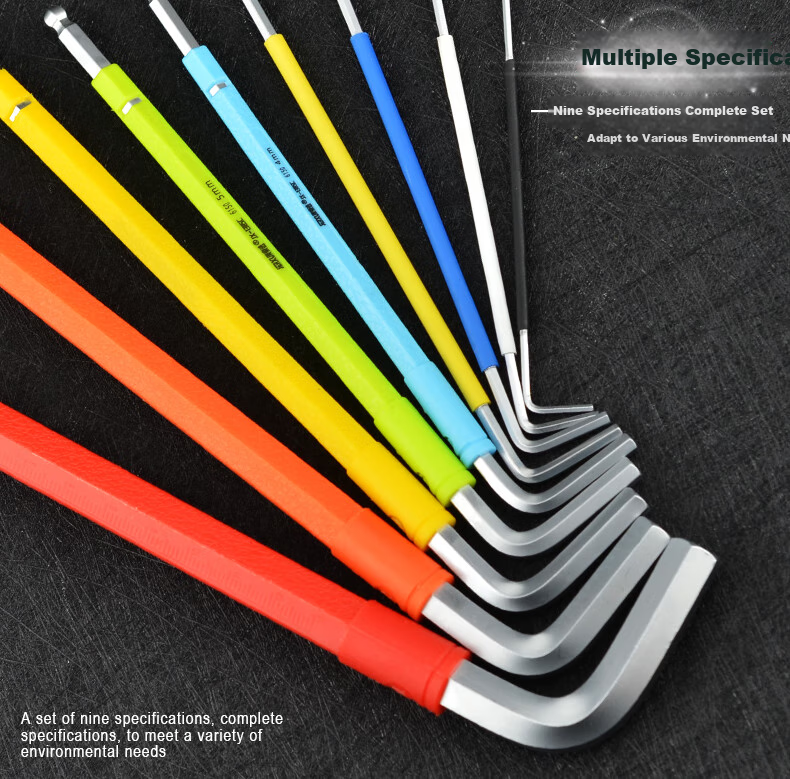 JERXUN Colorful Hex Key Set, 9 Pieces, L-Shaped Extended Ball-End And Flat-End Hex Screwdriver, Metric Wrench 6