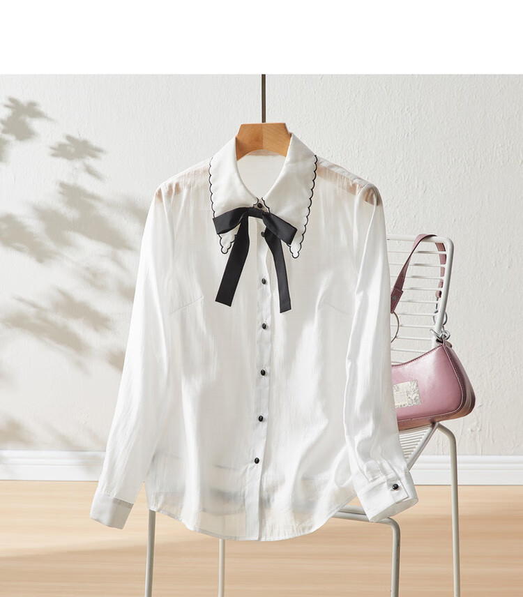 Dme [Detachable Bow Blouse] Spring And Autumn Embroidered Lapel Long-Sleeve Contrasting Color Women's Top Shirt 12