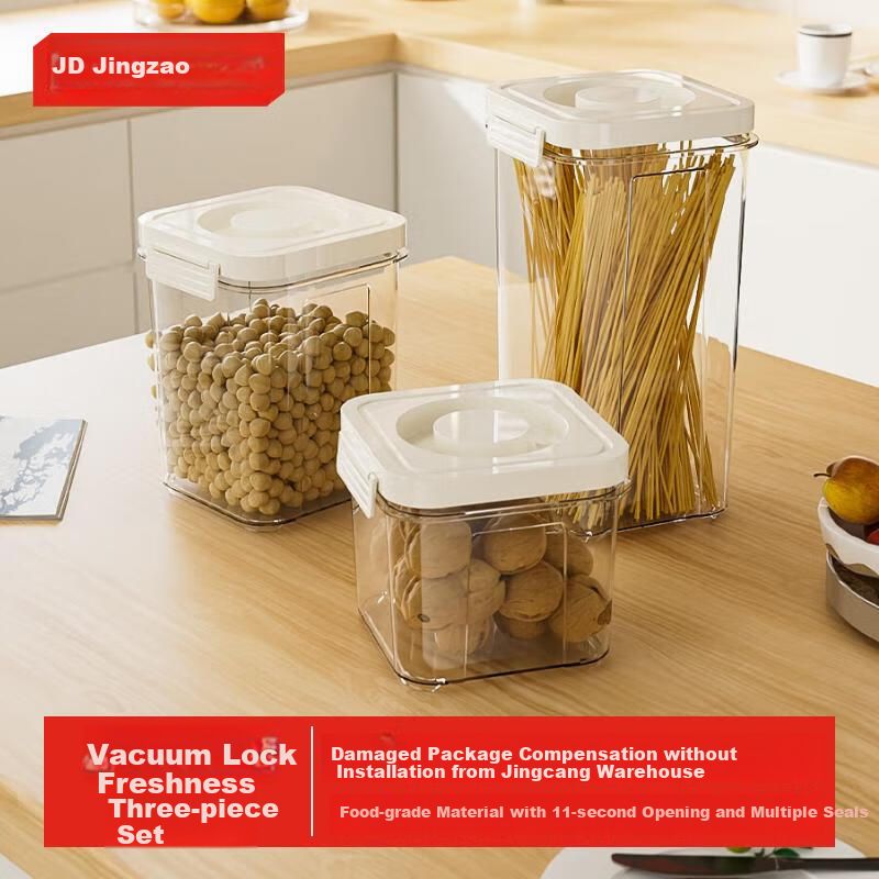 JD Original Airtight Containers, Food-Grade Push-Lid Vacuum Storage Jars, Kitchen Grains Storage Box, Snack Moisture-Proof Container, Set of 3