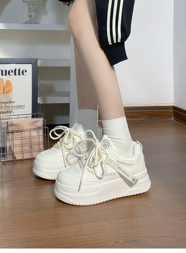 RENBEN Thick-Soled White Sneakers for Women, 2025 New Spring And Autumn Style, Popular Korean Version, Height-Increasing Casual Sports Skateboard Shoes for Wome 8