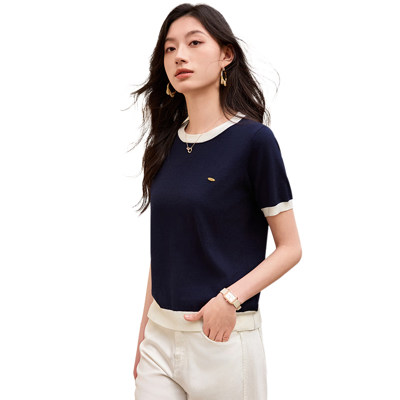 Chushen Summer Short-Sleeve T-Shirt for Women, Fashionable Round Neck Classic Contrasting Color Versatile Commuter Casual Knitted T-Shirt S52Z008