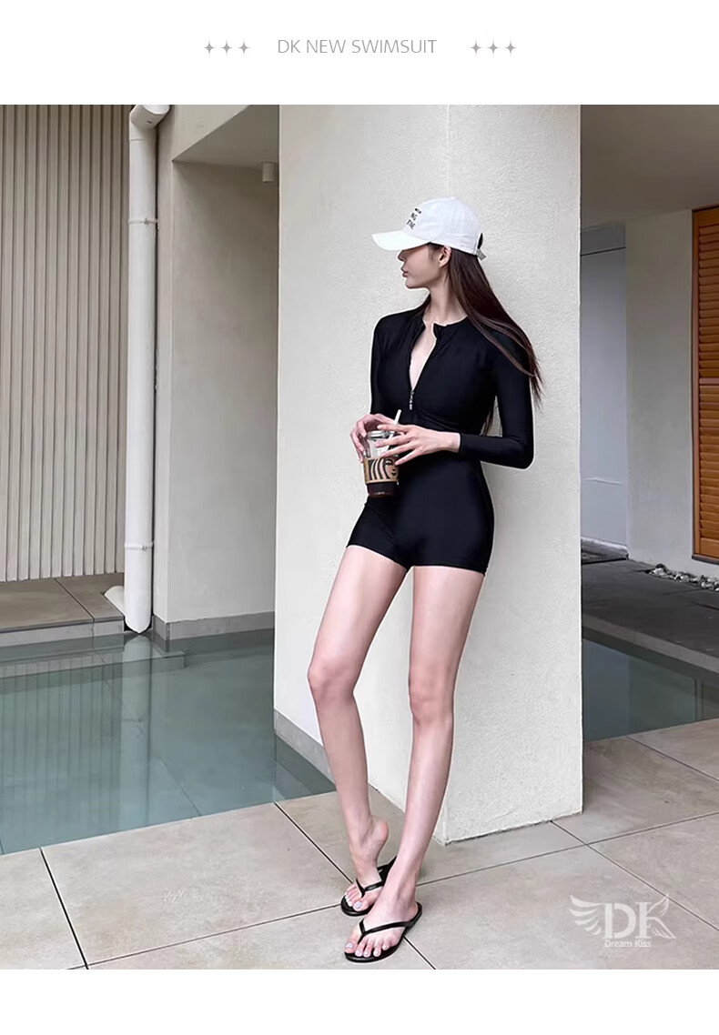 DK Women's Swimsuit, 2026 New Style, Long-Sleeve One-Piece with Boy Shorts, Tummy Control, Slimming, Sports, Hot Spring Swimwear, Size M 10