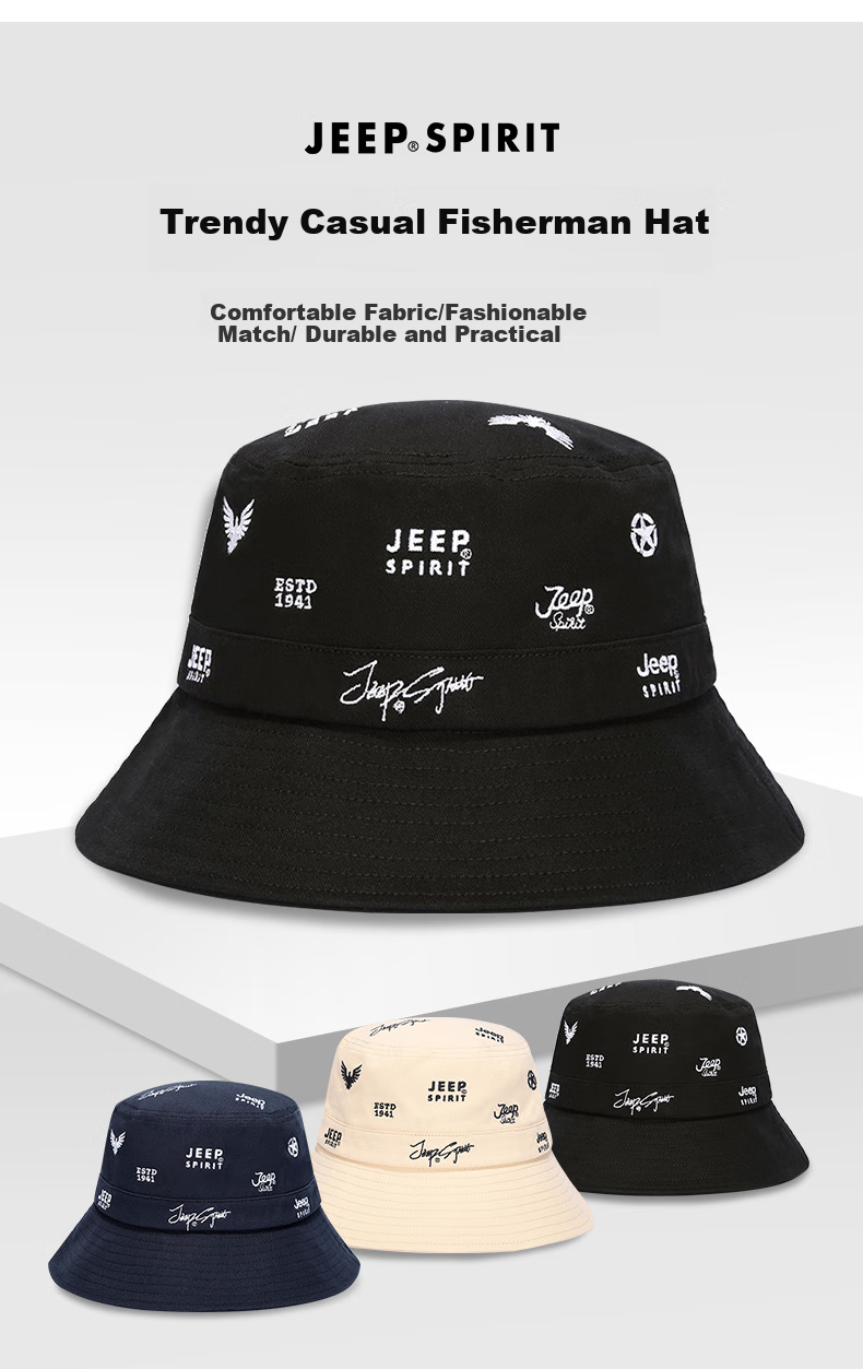 JEEP Men's Bucket Hat Fashion Casual Outdoor Sun Hat for Men and Women Four Seasons Couple Sunshade Fishing Hat A0282 Dark Blue 1