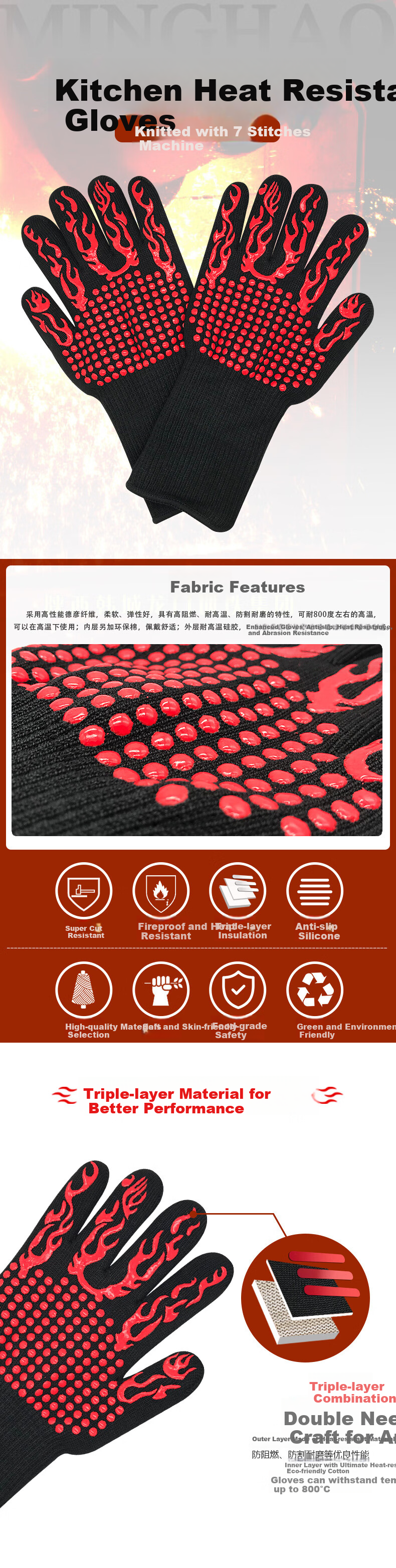 Zhugu Heat-Resistant Gloves, 800-Degree High-Temperature Insulation Gloves, Fireproof Flame-Retardant Oven Microwave Kitchen Heatproof Gloves 1