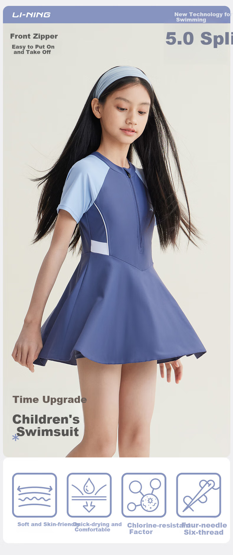 Li-Ning Children's Swimsuit, One-Piece Dress Style for Girls, Youth Swimwear, Student Girls' Swimwear, 0321 Gray-Blue, Size 160 1