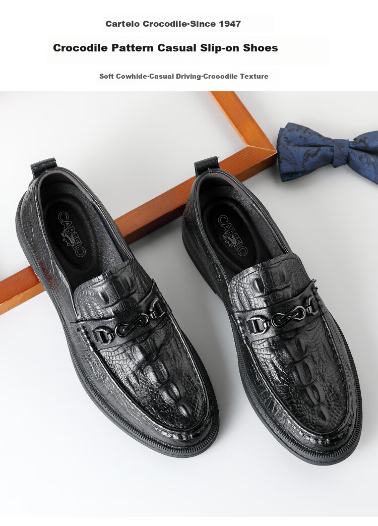 CARTELO Crocodile Pattern Men's Leather Shoes, Breathable Slip-On Loafers, Formal Dress Shoes for Men, 9597, Black, Size 38 2