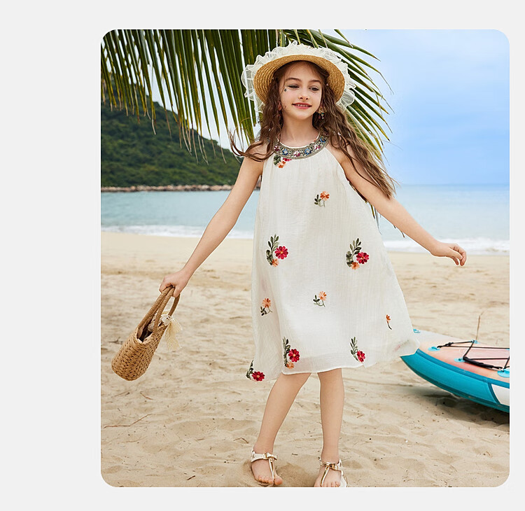 ASK JUNIOR Girls Summer Dress Lightweight Embroidered Sleeveless Dress Beach Vacation Children's Dress White 6