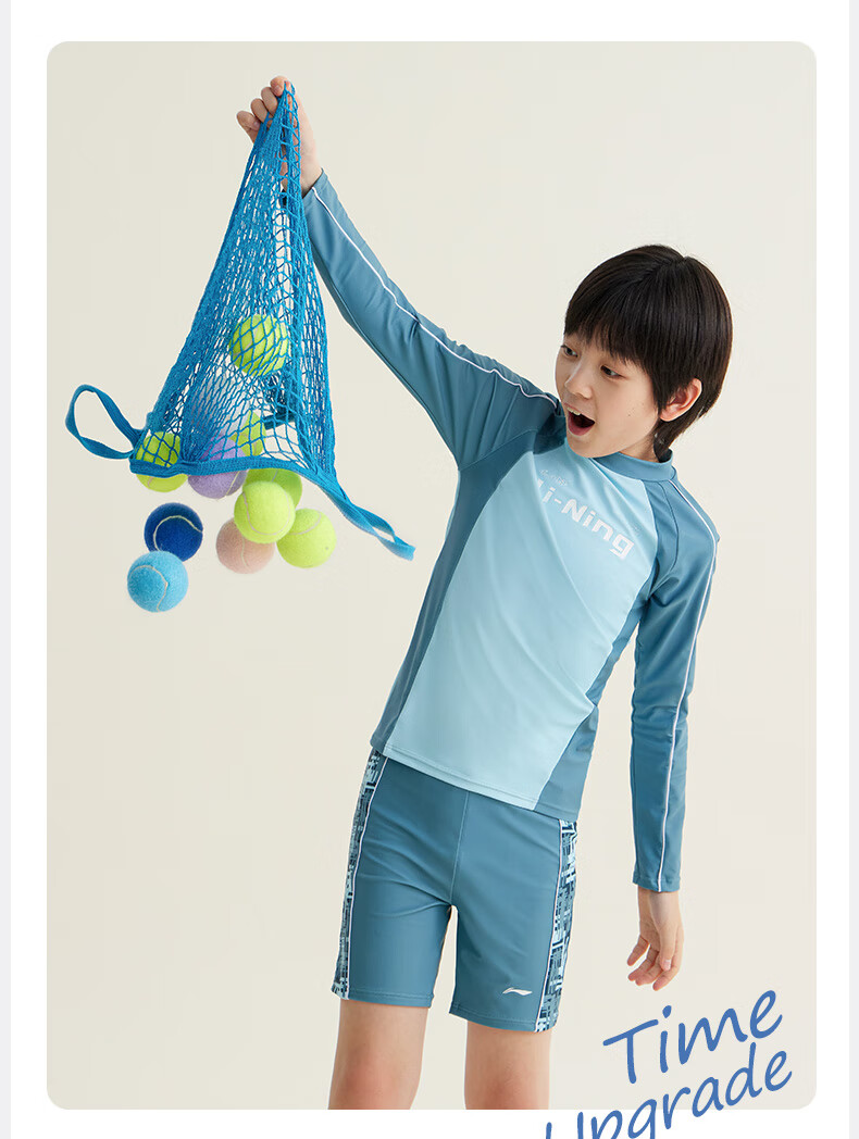 Li-Ning Children's Swimwear, Boys' Long Sleeve Sun Protection Two-Piece Surfing Suit, Patterned Swim Trunks, Hot Spring Swimming Gear, 8101 Blue, Size 140 8