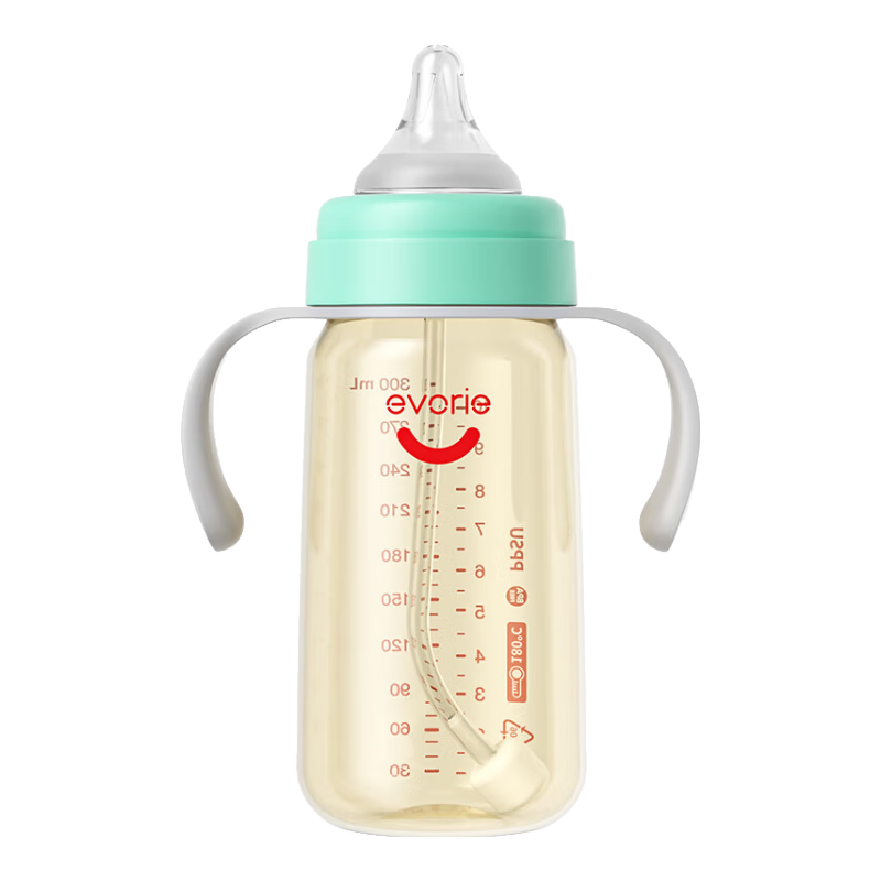 Evorie Baby Bottle for 6 Months And Above, Wide Neck with Handle And Gravity Ball PPSU Bottle, 300ml Gree