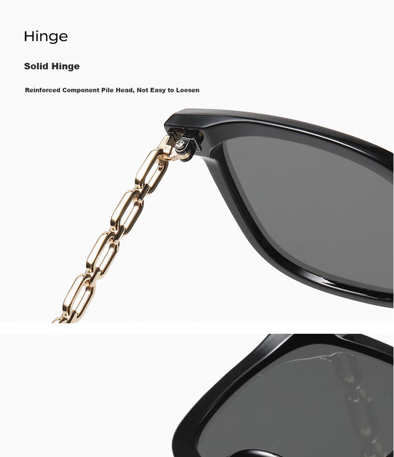 Boshide Sunglasses, Black Square Frame with Chain, Korean Style High-End Sun Protection, Black Gold Frame with Dark Gray Lenses 9