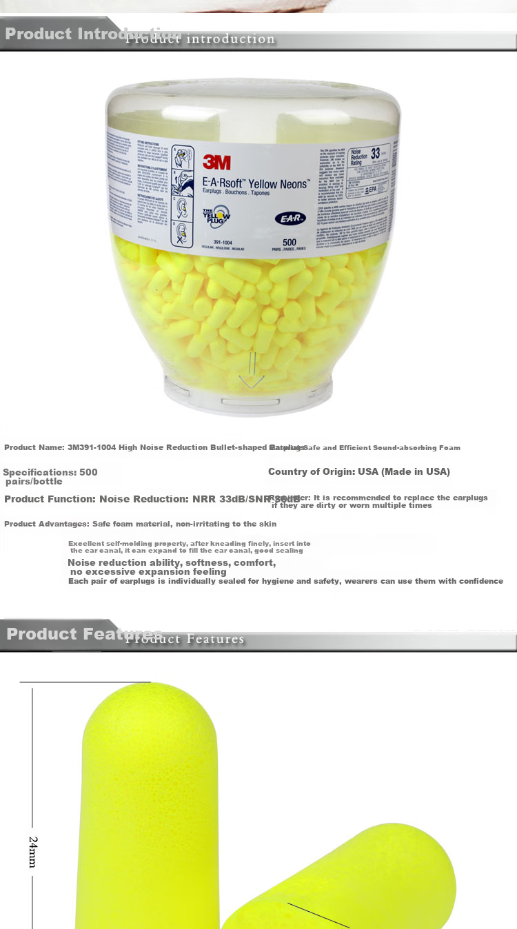 3M 391-1004 Noise-Cancelling Bullet-Shaped Earplugs, High Noise Reduction, Compatible with Earplug Distributor, 500 Pairs/bottle 3